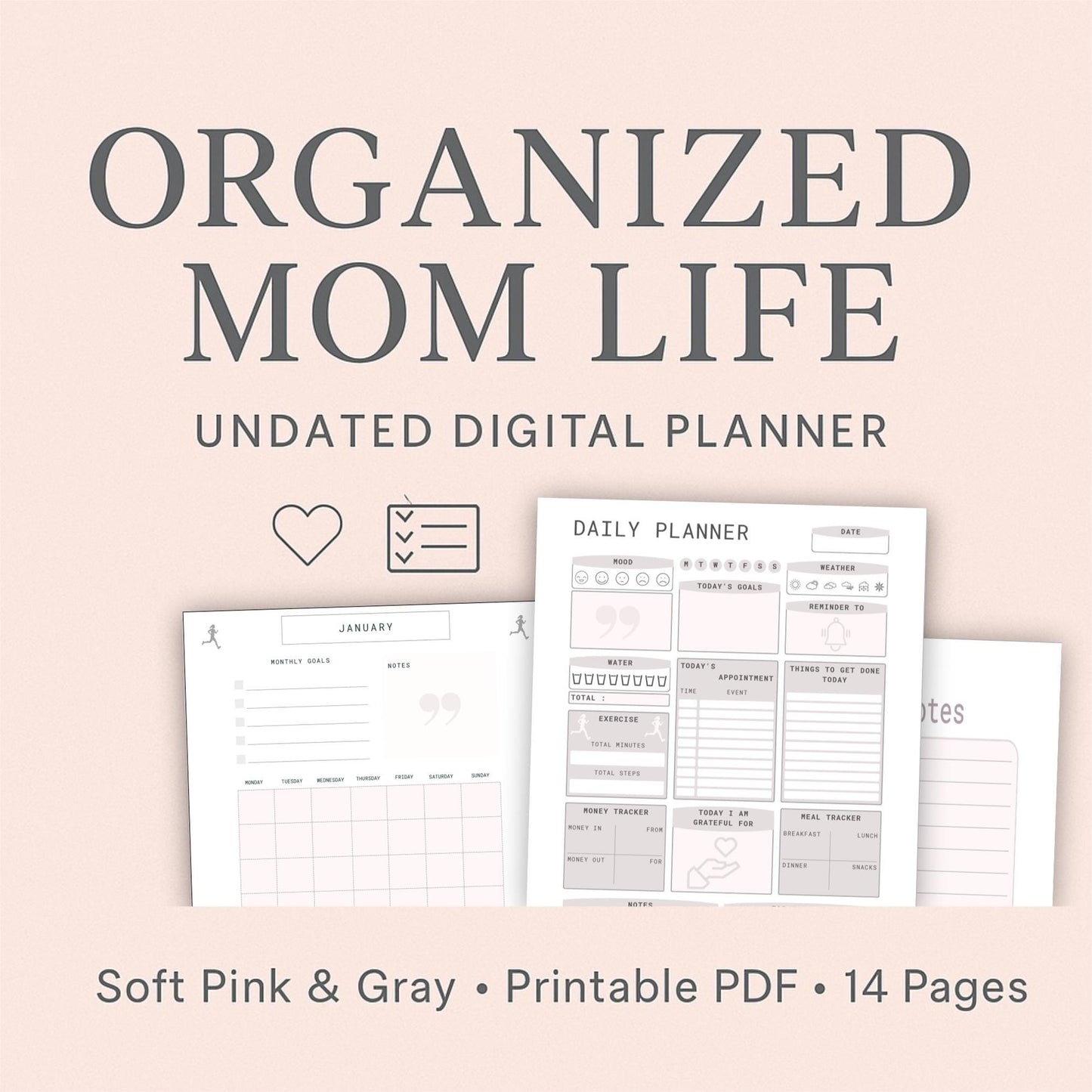Organized Mom Life Planner | Blush Pink Digital PDF | Undated Daily + Monthly Pages | Printable 14-Page Planner for Moms