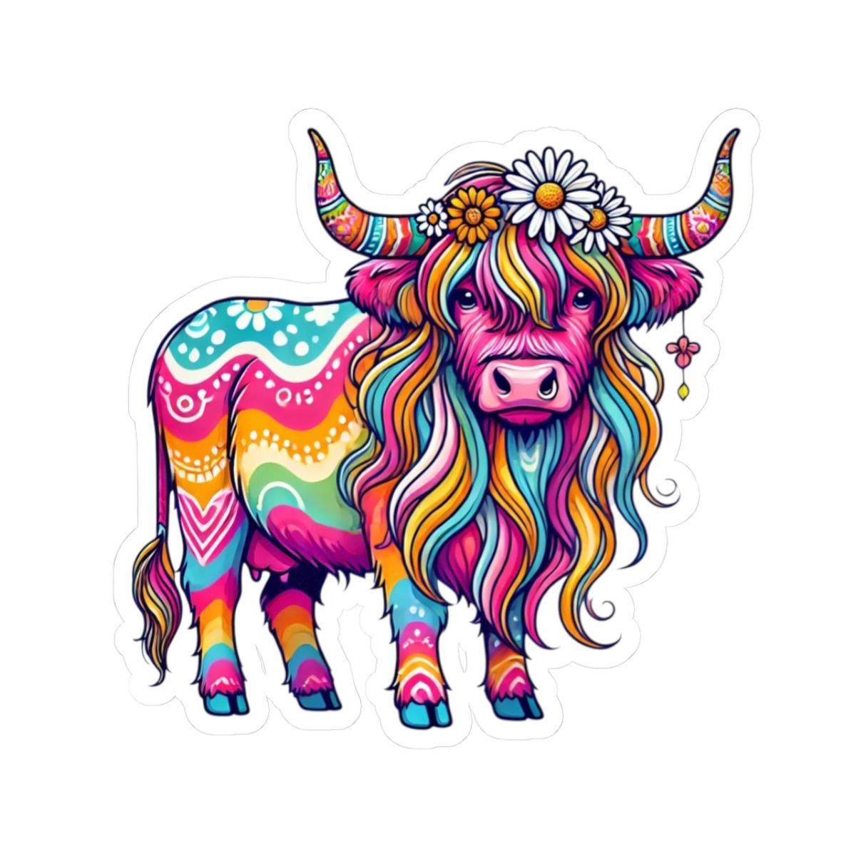 Colorful Cow Kiss-Cut Stickers, Cute Cow Decor, Laptop Stickers, Gift for Cow Lovers, Colorful Wall Art, Fun Sticker Pack, Decorative